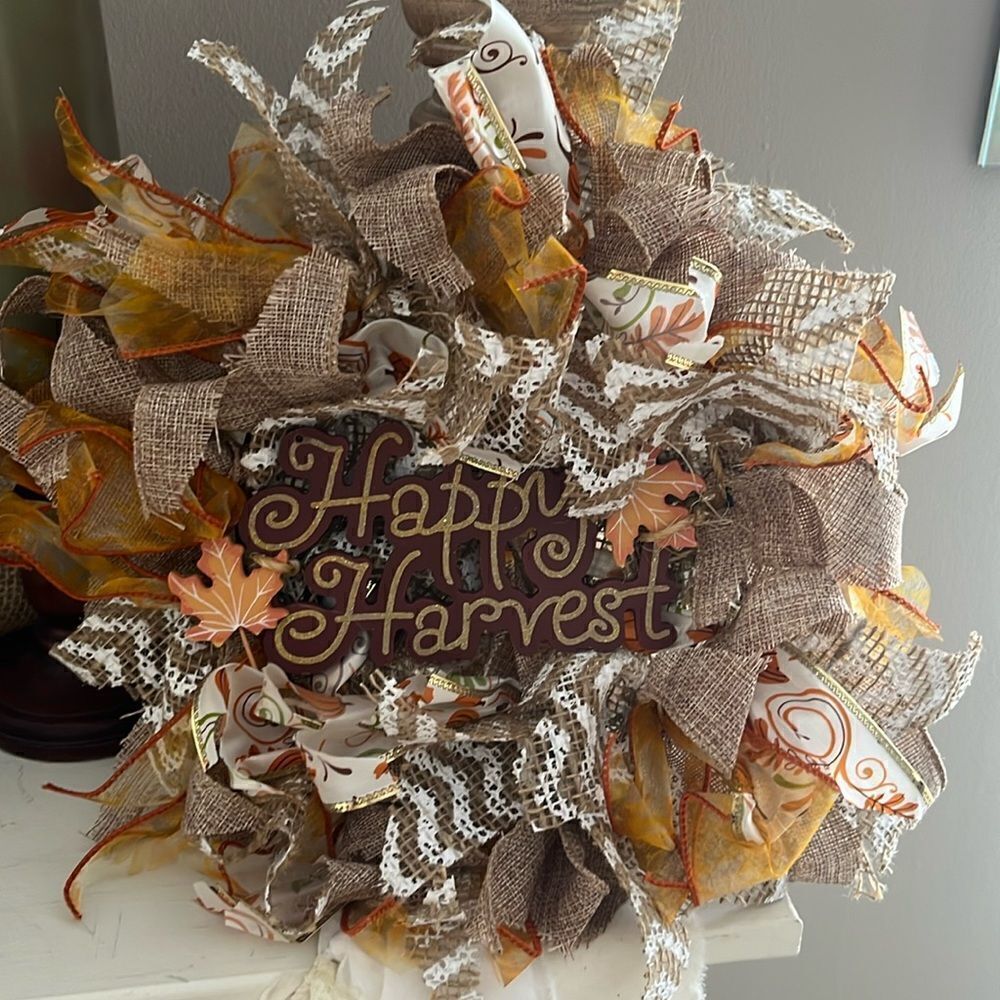 Handmade Fall Autumn Thanksgiving Ribbon Twine Wreath Made on 8” Ring